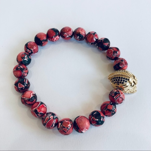 HAND CRAFTED Gladiator & Imperial Jasper Stretch Bracelet 6.5” Red Gold NWT - Picture 7 of 15